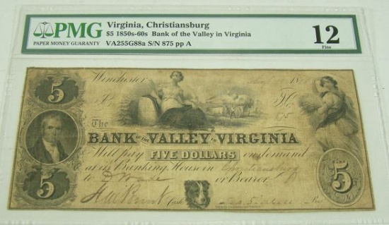 ULTRA RARE PMG GRADED 12 "THE BANK OF THE VALLEY IN VA." CHRISTIANSBURG, VA $5 NOTE