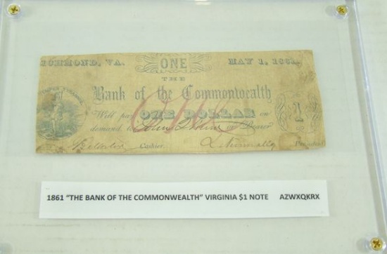 1861 CIVIL WAR ERA "THE BANK OF THE COMMONWEALTH" $1 VA. NOTE