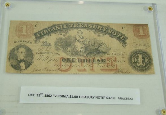 CIVIL WAR ERA 10/21/1862 "VA. TREASURY NOTE" $1 BILL
