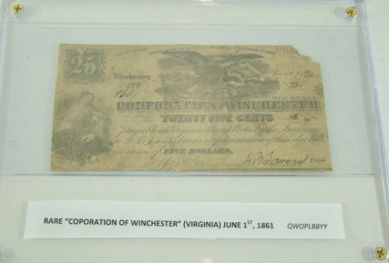 RARE "CORPORATION OF WINCHESTER" 6/1/1861 TWENTY FIVE CENT FRACTIONAL NOTE