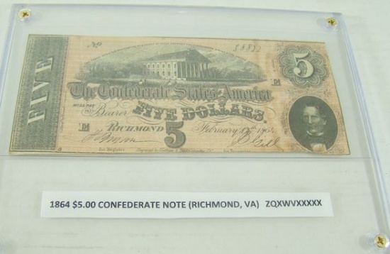 1864 $5.00 RICHMOND, VA CONFEDERATE NOTE