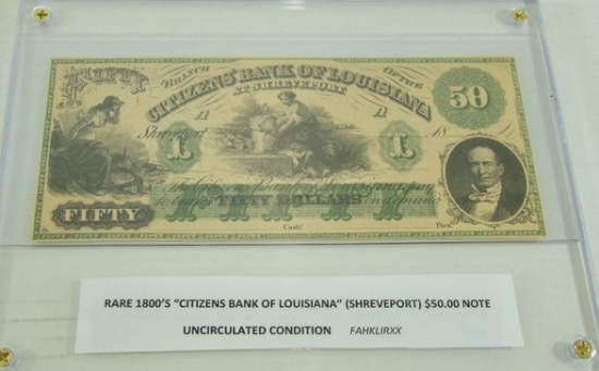 VERY RARE UNCIRCULATED CITIZENS BANK OF LOUISIANA 1800'S $50.00 NOTE