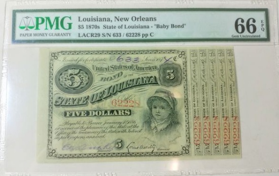 PMG GRADED GEM UNC 66 (RARE IN THIS CONDITION) 1874 $5 "BABY BOND"