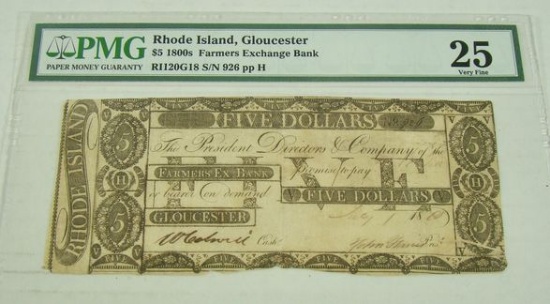 PMG GRADED 25 VF "FARMERS EXCHANGE BANK" GLOUCHESTER, RI 1818 $5 NOTE