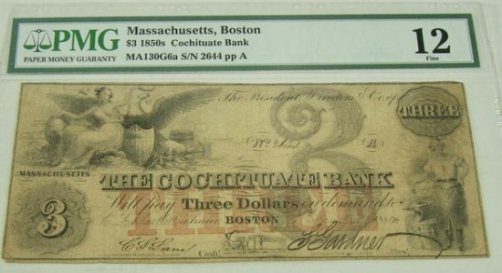 PMG GRADED 12 FINE RARE "COCHITUATE BANK" NICE ENGRAVINGS 1852 $3 NOTE