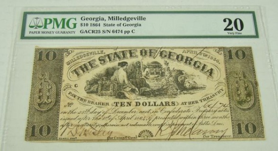 PMG GRADED VF20 "THE STATE OF GEORGIA" $10 NOTE FROM 1864 (CIVIL WAR ERA)