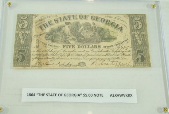 NICE 1864 CIVIL WAR ERA $5.00 "THE STATE OF GEORGIA" NOTE