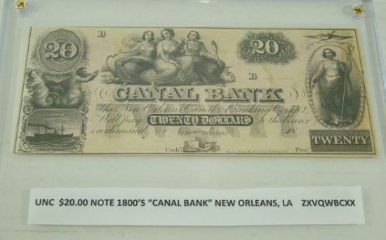 CHOICE UNC 1800'S "CANAL BANK" NEW ORLEANS, LA $20.00 BANK NOTE