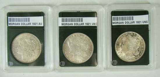 3 1921 MORGAN DOLLARS 2X UNC & ONE AU