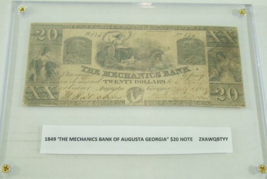 RARE 1849 "THE MECHANICS BANK OF AUGUSTA GA." $20 NOTE