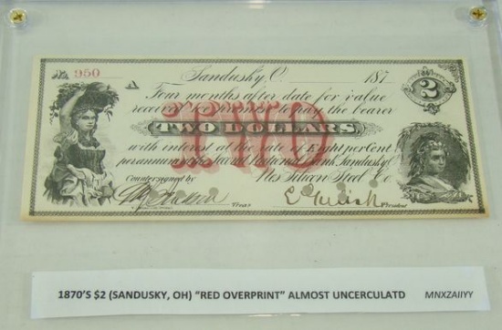 1870'S AU SANDUSKY, OH (RED OVERPRINT) $2.00 NOTE