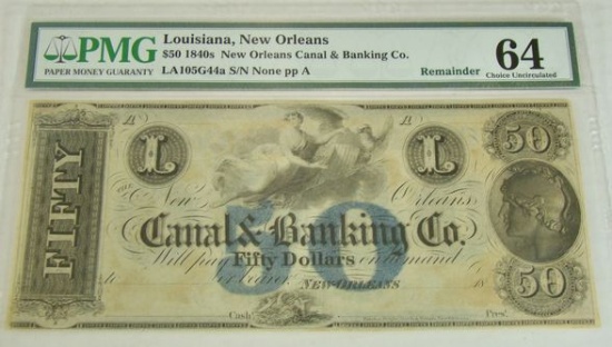 VERY RARE PMG 64 CHOICE UNC 1840'S "CANAL BANKING" $50 NOTE