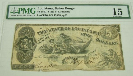 1862 PMG GRADED STATE OF LOUISIANA $5.00 OBSOLETE NOTE