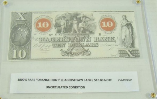 RARE 1800'S UNCIRCULATED "HAGERSTOWN BANK" $10.00 NOTE