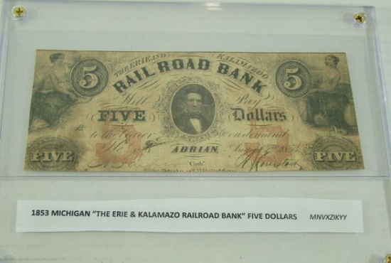 RARE 1853 "THE ERIE & KALAMAZOO RAILROAD BANK" $5.00 OBSOLETE NOTE