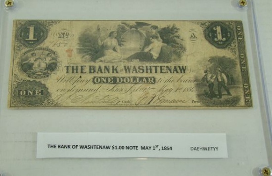 RARE 1854 "THE BANK OF WASHTENAW" $1.00 OBSOLETE NOTE