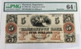 PMG GRADED 64 CHOICE UNCIRCULATED 1850'S HAGERSTOWN BANK $5.00 NOTE