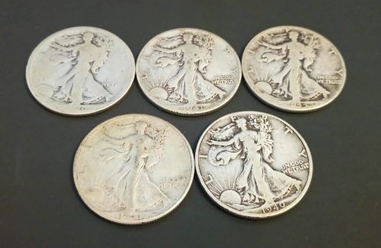 LOT OF 5 90 % SILVER WALKING LIBERTY 1/2 HALF DOLLARS