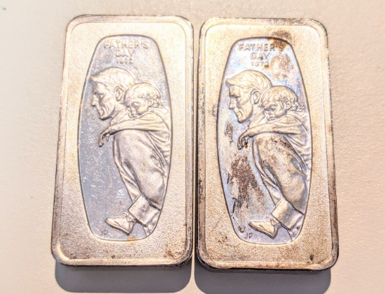 TWO 1972 SOLID SILVER FATHERS DAY BARS 4.2 OUNCES