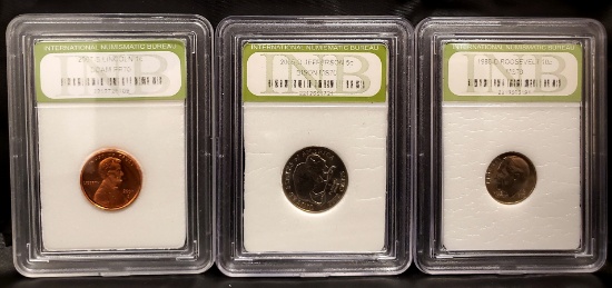 3 GRADED COINS PENNY NICKEL DIME