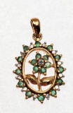 GOLD TONE STERLING SILVER EMERALD AND DIAMOND FLOWER NECKLACE CHARM