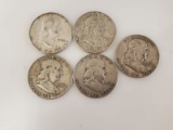 LOT OF 5 90% SILVER FRANKLIN HALF DOLLARS