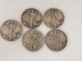 LOT OF 5 90% SILVER LIBERTY HALF DOLLARS