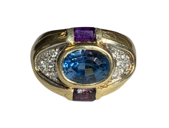 14K GOLD TOPAZ & AMETHYST RING SIZE 7 WEIGHS 11.6 GRAMS