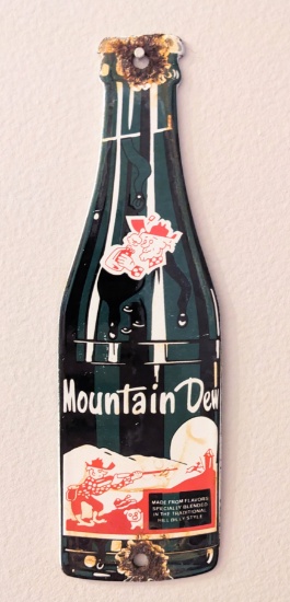CONTEMPORARY MOUNTAIN DEW PORCELAIN SIGN USED COND. 8"X2.5"