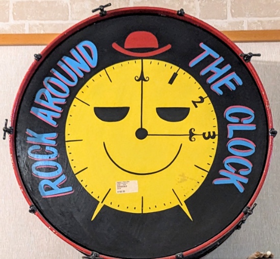 VINTAGE DRUM  PAINTED WITH ROCK AROUND THE CLOCK