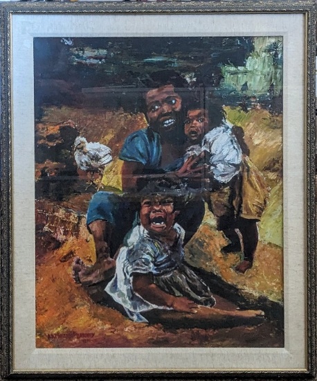 LARGE FRAMED OIL PAINTING UNDER GLASS