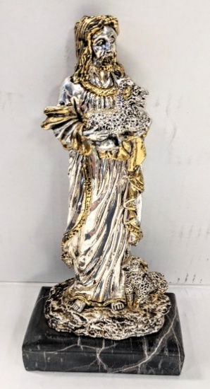 STERLING SILVER .925 RELIGIOUS STATUE OF JESUS ON MARBLE BASE TOTAL WEIGHT 20.285 OUNCES