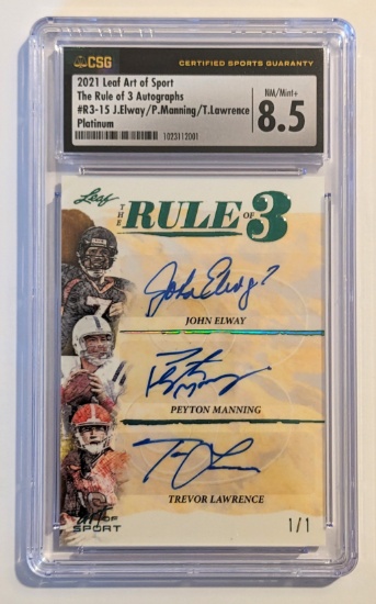 CSG MT 8.5 LEAF "THE RULE OF 3" TREVOR LAWRENCE 1 OF 1 AUTO RC W/ JOHN ELWAY & PEYTON MANNING AUTOS