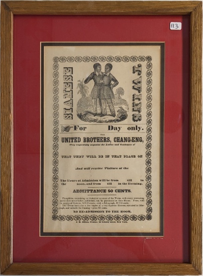 RARE & IMPORTANT PIECE AN UNUSED 1830'S BROADSIDE AD OF ENG & CHANG "SIAMESE TWINS" FROM MT. AIRY NC