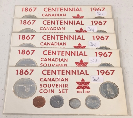 5 X 1867-1967 CANADIAN SOVENIR COIN SETS BIDDING ON 1 MUST TAKE ALL 5
