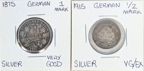 1875 GERMAN 1 MARK AND 1915 1/2 MARK COINS