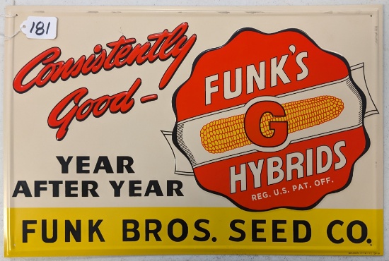 NEW OLD STOCK FUNK'S HYBRIDS SEED METAL ADVERTISING SIGN 18"X12"
