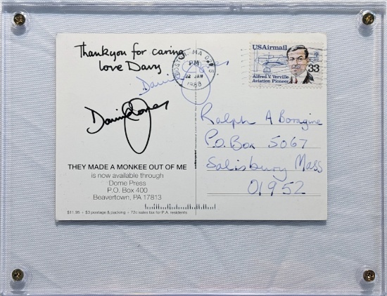 DAVIE JONES (LEAD SINGER OF THE MONKEES) SIGNED POST CARD WITH 1988 STAMP MARK