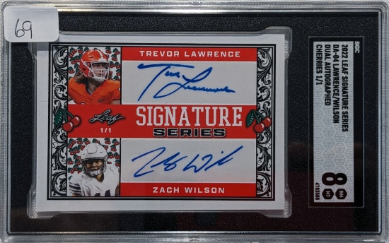 TRUE 1 OF 1 2022 LEAF SIGNATURE SERIES TREVOR LAWRENCE & ZACH WILSON SIGNED CARD SGC NM-MINT 8