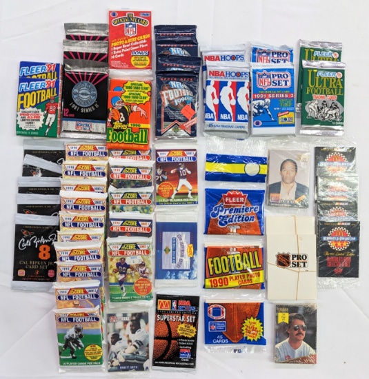 LOT OF 51 VINTAGE UNOPENED PACKS OF FOOTBALL, BASEBALL, BASKET BALL, HOCKEY & NASCAR CARDS