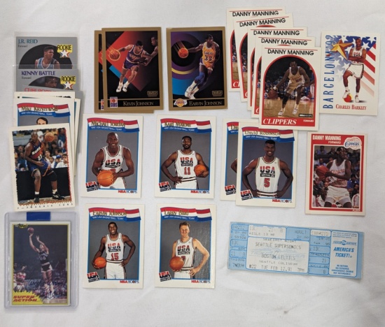 LOT OF HOF, AUTO & VINTAGE BASKETBALL CARDS & A 1991 GAME USED TICKET CELTICS/SUPERSONICS