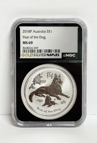 2018-P NGC GRADED MS69 AUSTRALIA YEAR OF THE DOG .999 1-OZ SILVER