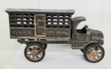 12" VINTAGE CAST IRON TRUCK MARKED "JUNIOR SUPPLY CO." NEW YORK TO PHILADELPHIA