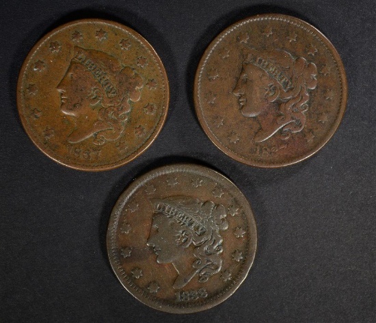 2 - 1837 LARGE CENTS FINE & 1 - 1838 LG CENT FINE