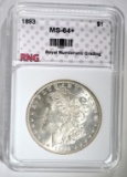 1893 MORGAN SILVER DOLLAR, RNG CH+/GEM BU