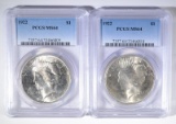 2- 1922 PEACE SILVER DOLLARS, PCGS MS64