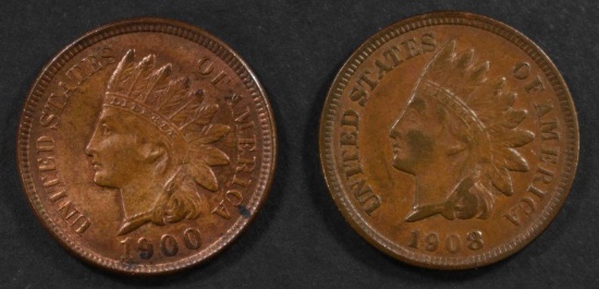 1900 & 1908 INDIAN CENTS, CH BU