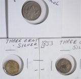 THREE CENT LOT; 2- 1853 3c SILVER & 1865 3c NICKEL