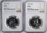 2- 1963 FRANKLIN HALF DOLLARS, NGC-PF68