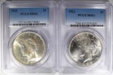 1922 & 1923 PEACE SILVER DOLLARS, PCGS-MS63